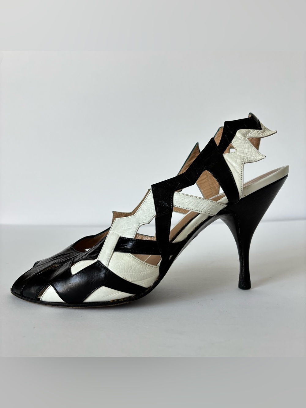 Vintage Maud Frizon Leather M Zig Zag Black And White Slingback Heels 37.5 US 6